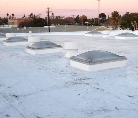 A white roof with a lot of skylights on it.