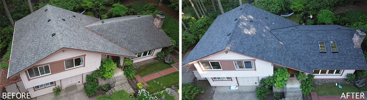 A before and after picture of a house with a new roof.
