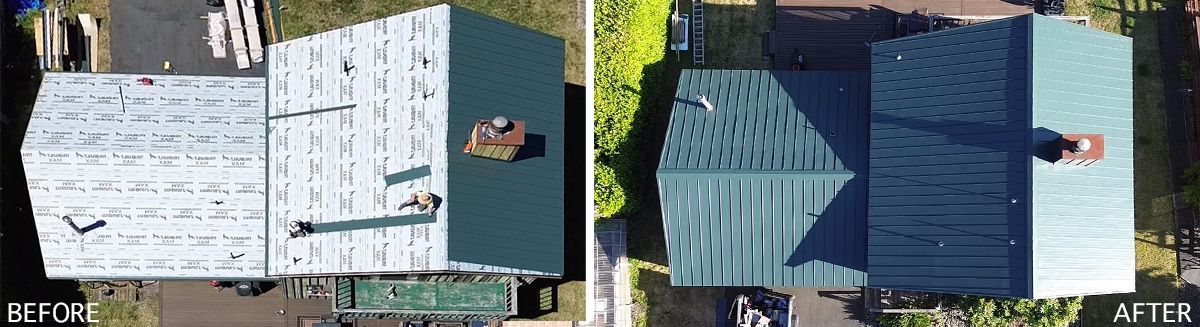 An aerial view of a house before and after a roof replacement.