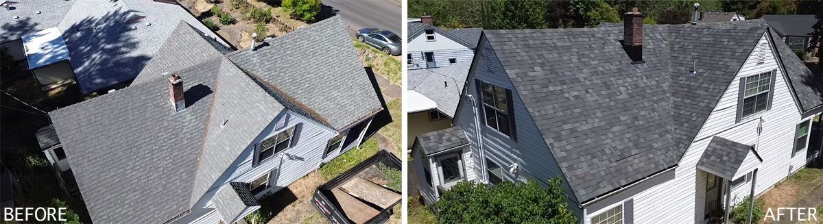 A before and after picture of a house with a new roof.