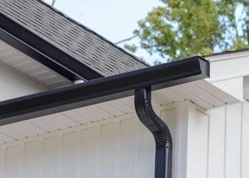 Black gutters on a white house with a gray shingled roof, angled shot outdoors.