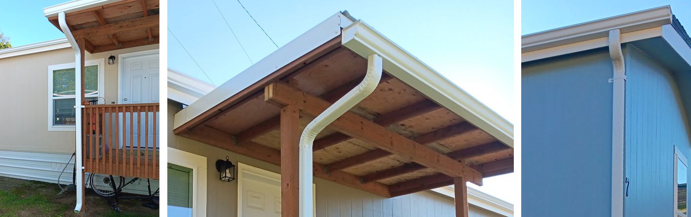 Three close-up views of house gutters, showing angles and installation methods.
