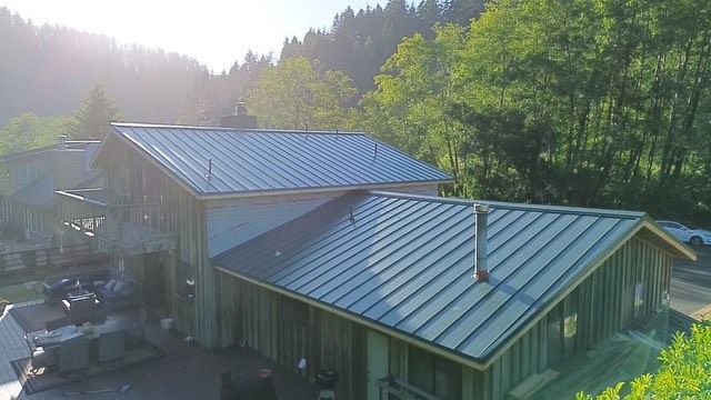 An aerial view of a house with a metal roof in the middle of a forest.