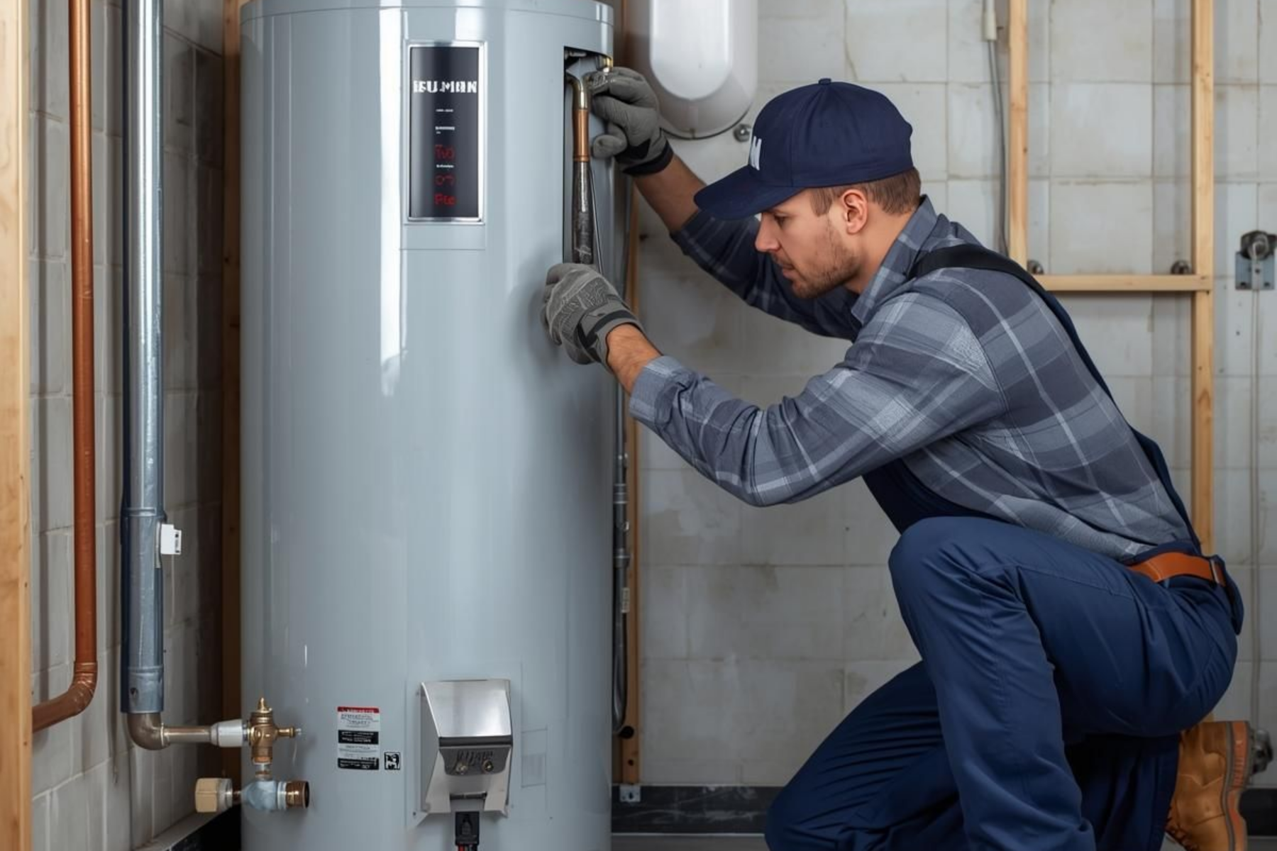 A technician in a cap and workwear kneels while repairing a large, grey electric water heater in a basement.
