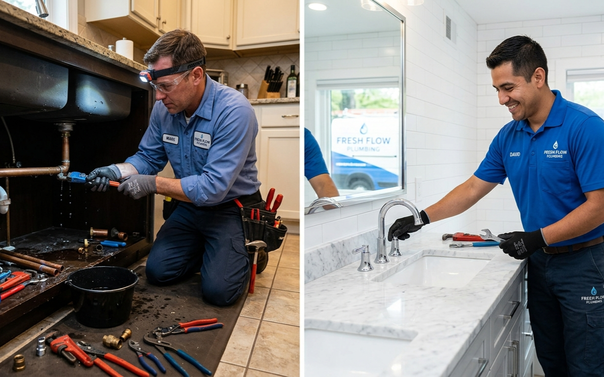 Two plumbers in blue uniforms: one repairs under-sink pipes, the other tests a bathroom faucet.
