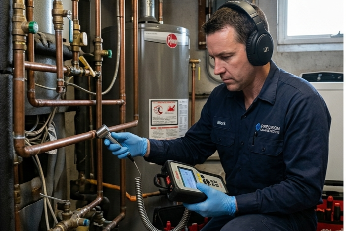 Technician in blue uniform and headphones uses a handheld acoustic leak detector on copper plumbing in a utility room.