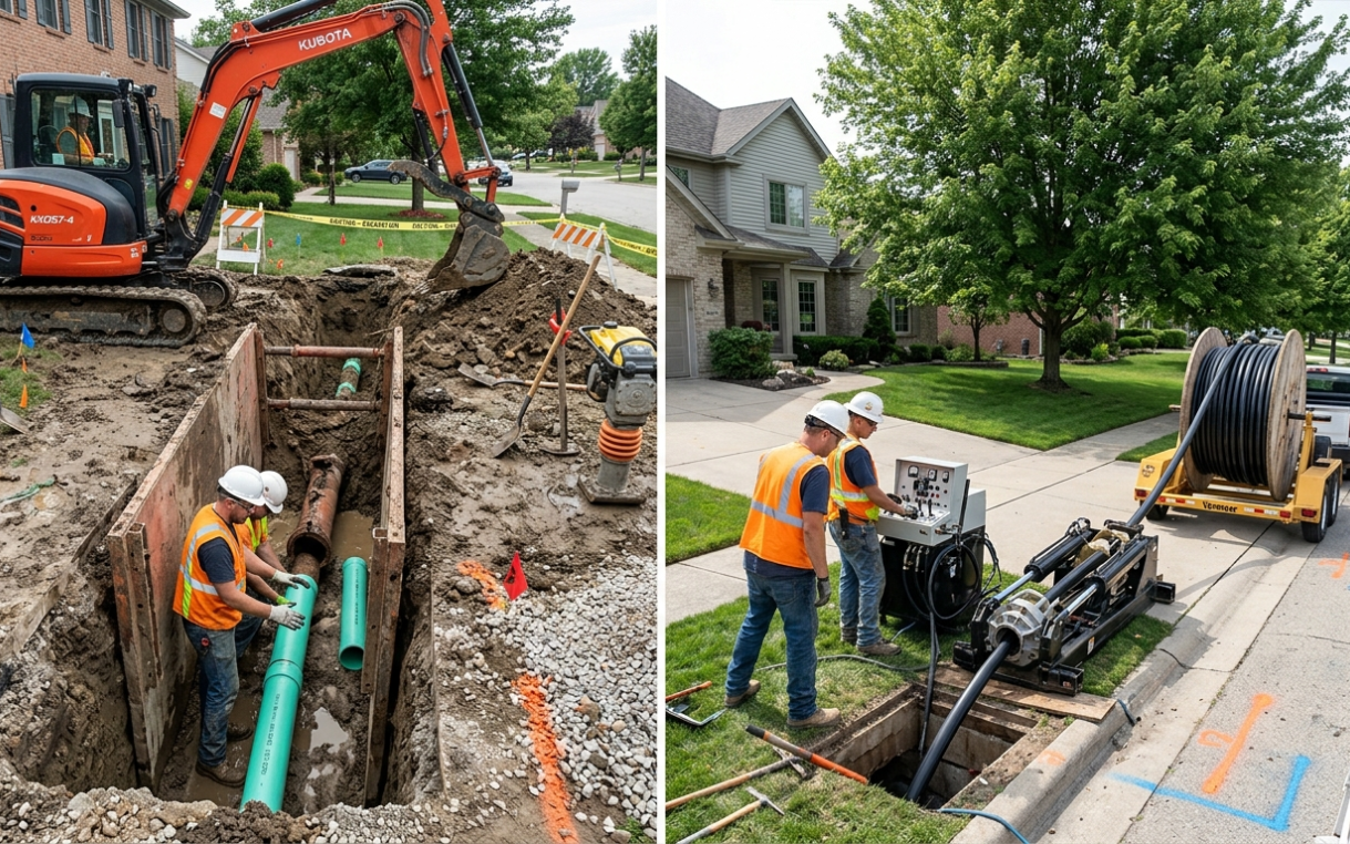Construction workers installing utility pipes using heavy machinery, including an excavator and horizontal drilling rig.