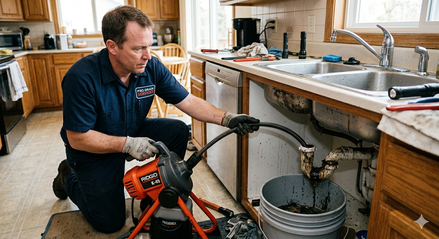 A plumber uses a motorized drain snake to clear a clogged sink pipe, with dirty water draining into a bucket below.