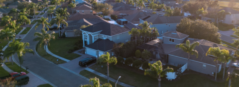 An aerial view of a residential neighborhood with palm trees and houses.