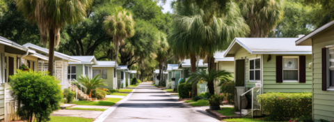 A row of mobile homes are lined up along a street in a residential area.