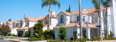 A row of houses with palm trees in front of them