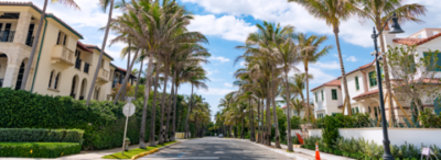 A street lined with palm trees and houses on a sunny day.