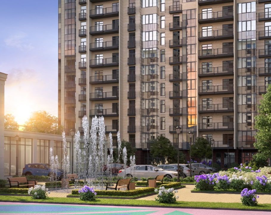 An artist 's impression of a fountain in front of a tall building.