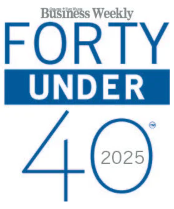 A logo for the Business Weekly Forty Under 40, 2025.