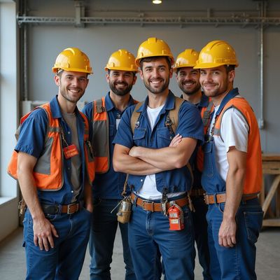 Construction workers wearing yellow hard hats and safety vests smile at the camera.