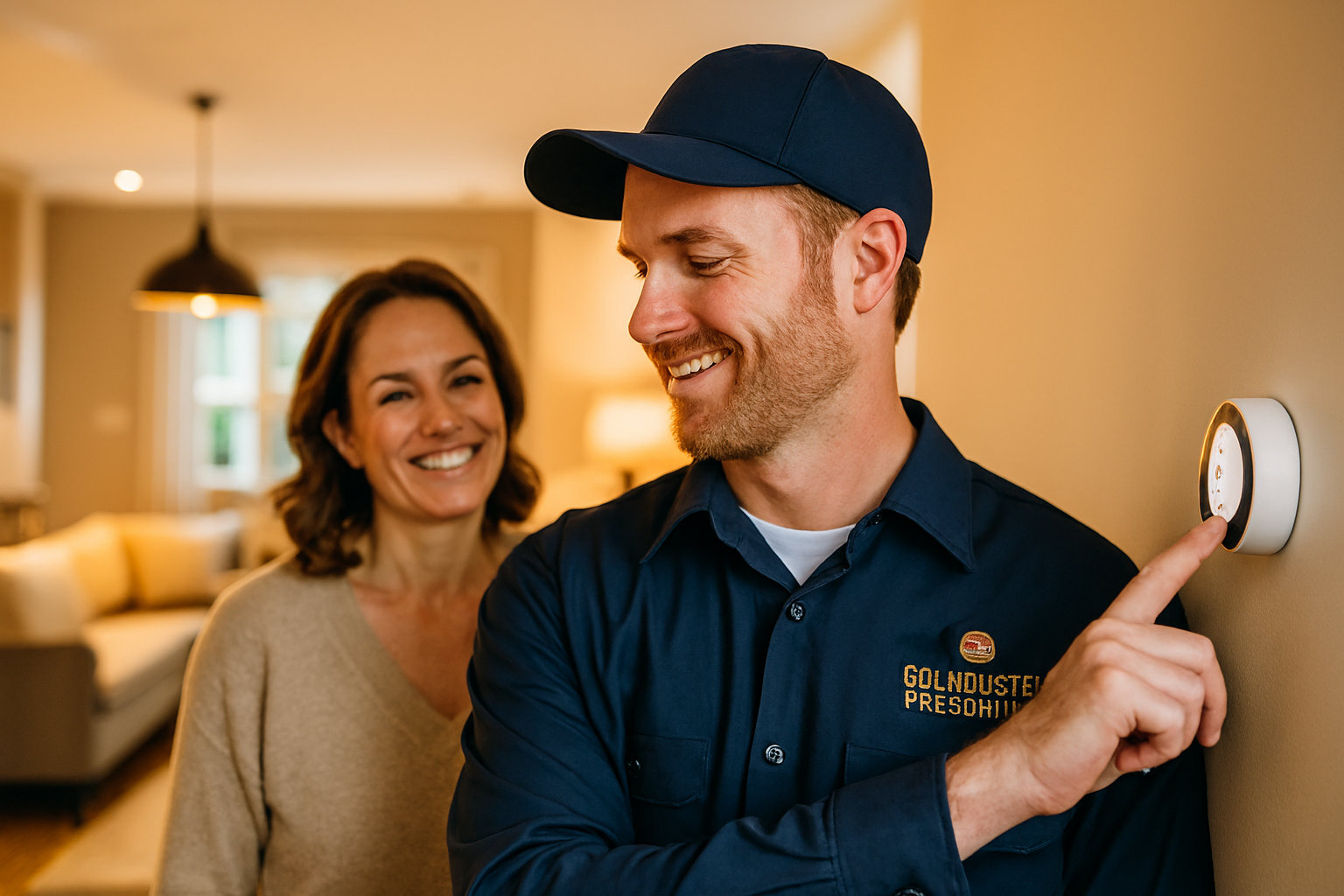 Man in blue uniform adjusting thermostat while woman smiles, interior setting.