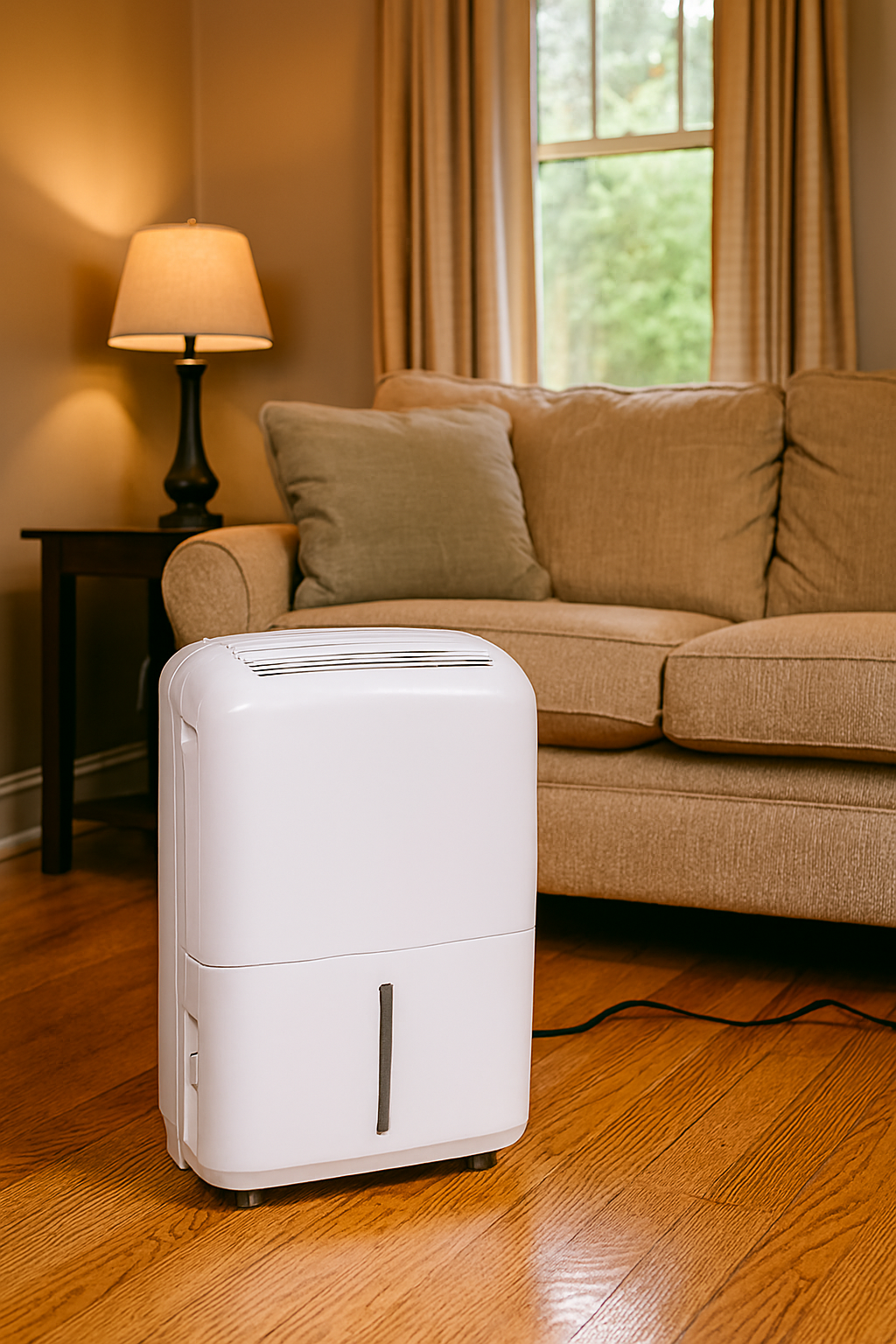 White dehumidifier on wood floor in front of a beige couch and window.