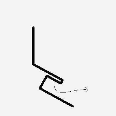 Diagram of a mechanical part, with a vertical arm, an angled arm, and a small notch with an arrow indicating movement to the right.