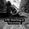 Black and white photo of a mulching and excavating service, with machinery loading a truck.