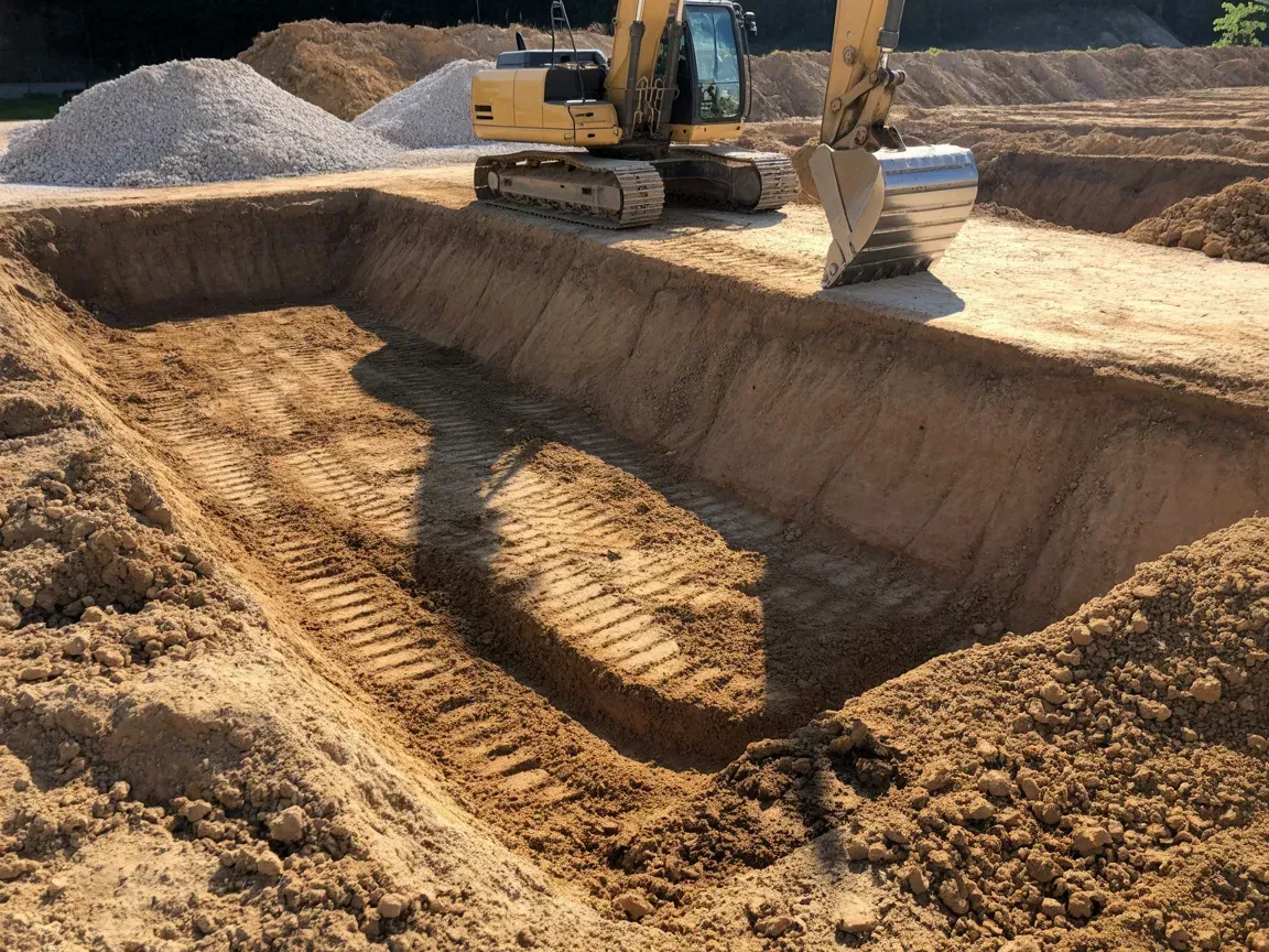 An excavator digging in a large, earthen pit; piles of gravel in the background.