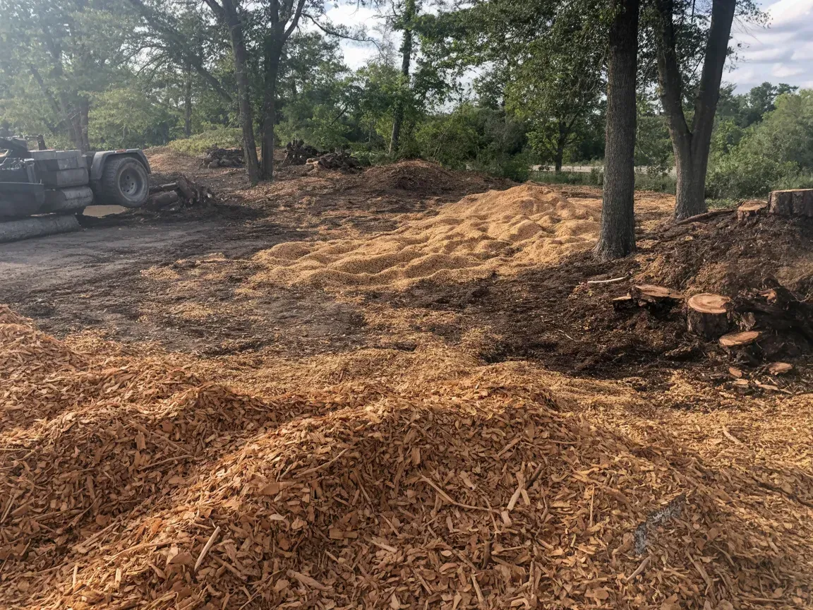 Wood chips cover a cleared area near trees; piles of dirt and logs are visible.