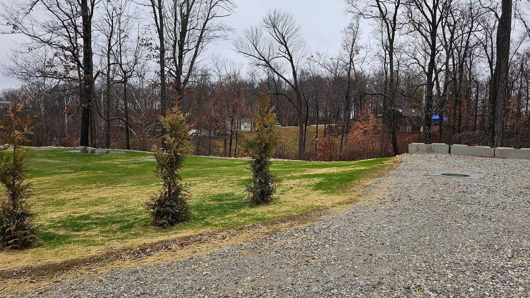 Gravel driveway curves to a grassy yard with small evergreens, trees in the background under overcast sky.