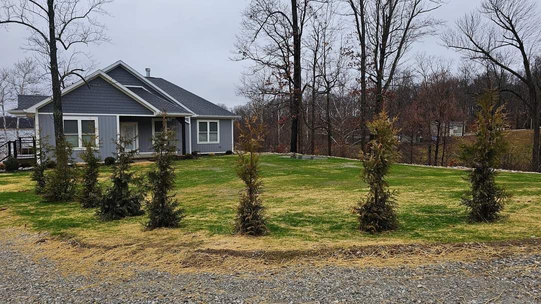 Gray house with a dark roof and a line of green trees on a grassy hill; trees in the background.