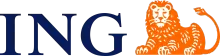 A blue and orange logo for ing with a lion