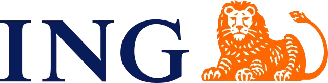 A blue and orange logo for ing with a lion