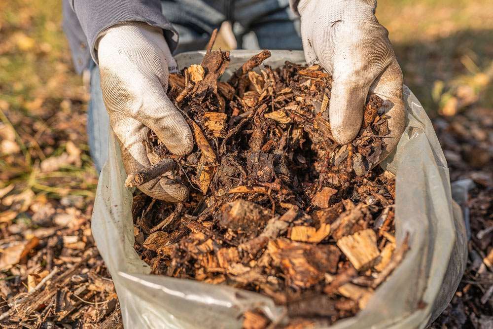 A Person Is Holding A Bag Of Mulch In Their Hands — HKL Landscape Supplies in Coolongoolook, NSW