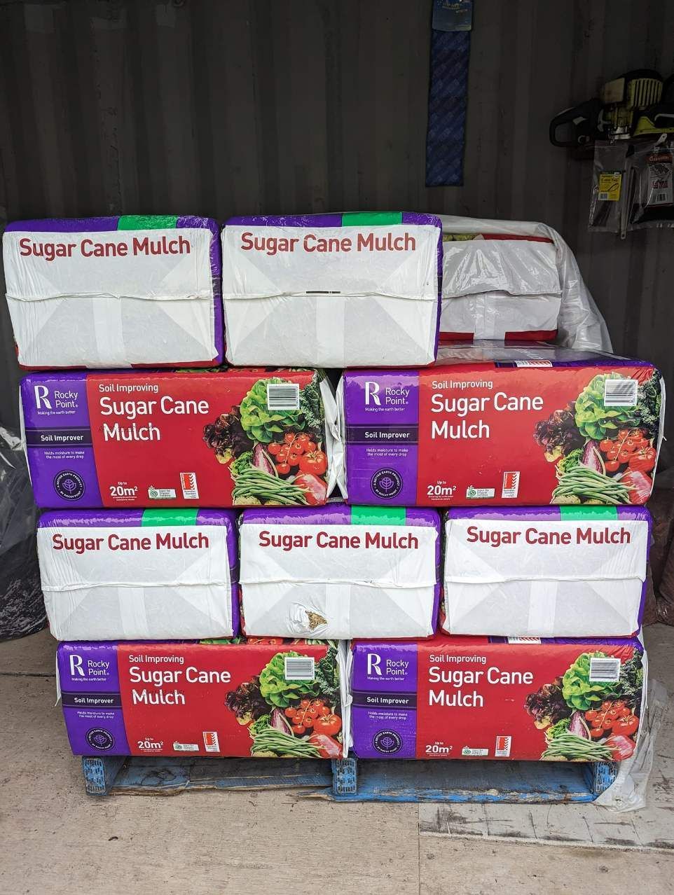 A Pallet Of Sugar Cane Mulch Is Stacked On Top Of Each Other — HKL Landscape Supplies in Taree South, NSW