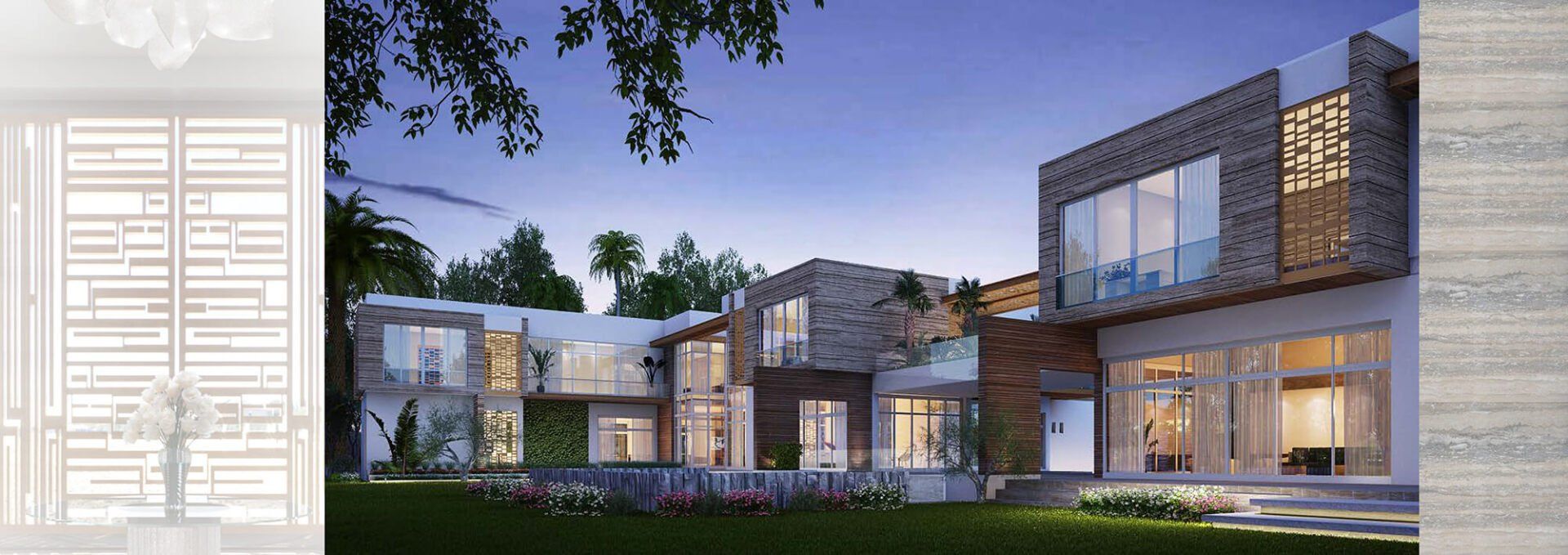 Modern house exterior at dusk with grass, trees, and blue sky.
