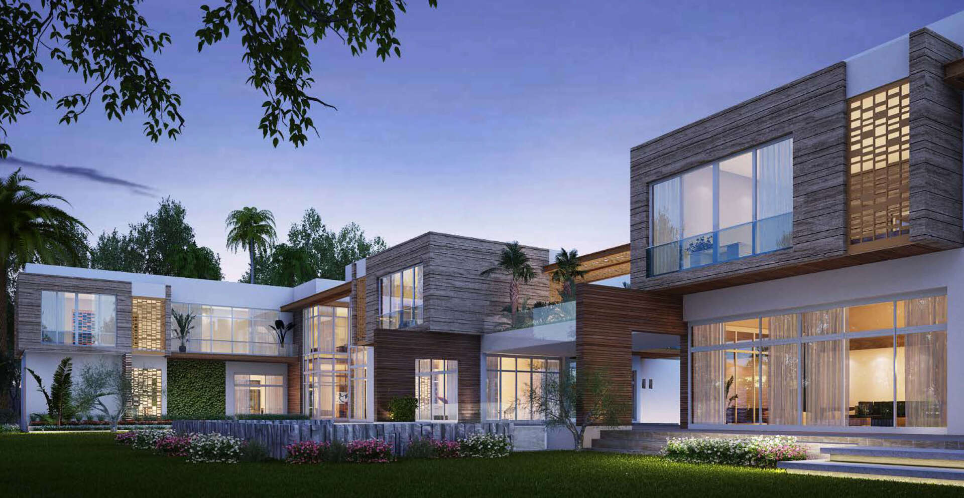 Modern multi-story house with brick and glass facade, evening setting, landscaped lawn.
