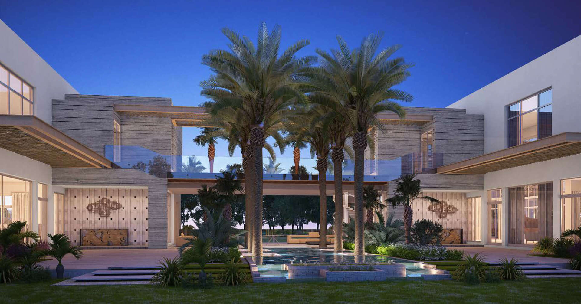 Modern mansion courtyard at dusk; palm trees, reflecting pool, neutral tones.