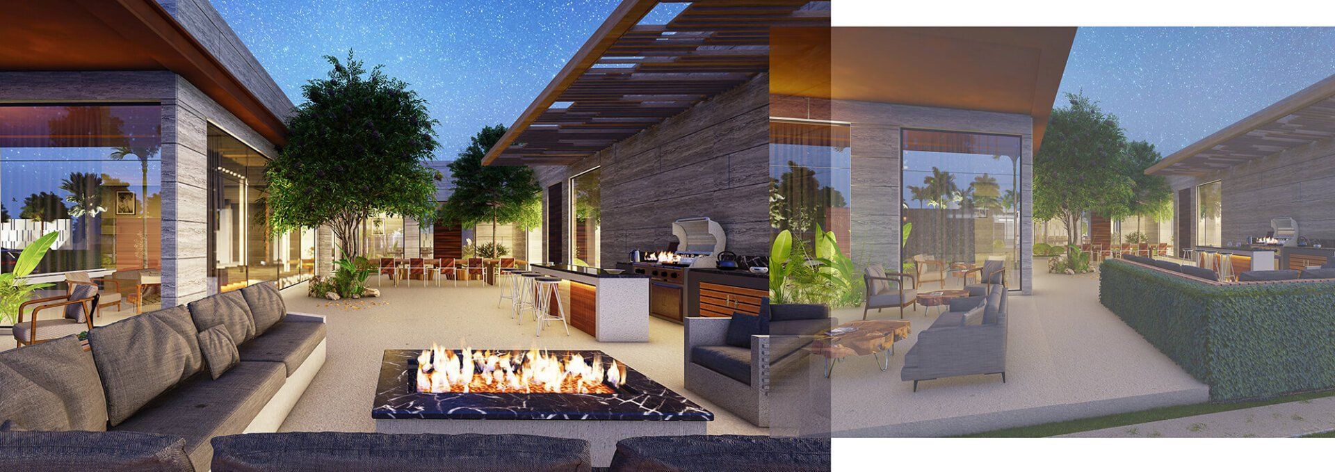 An outdoor patio at night, with a fireplace, seating, and a grill, under a starry sky.