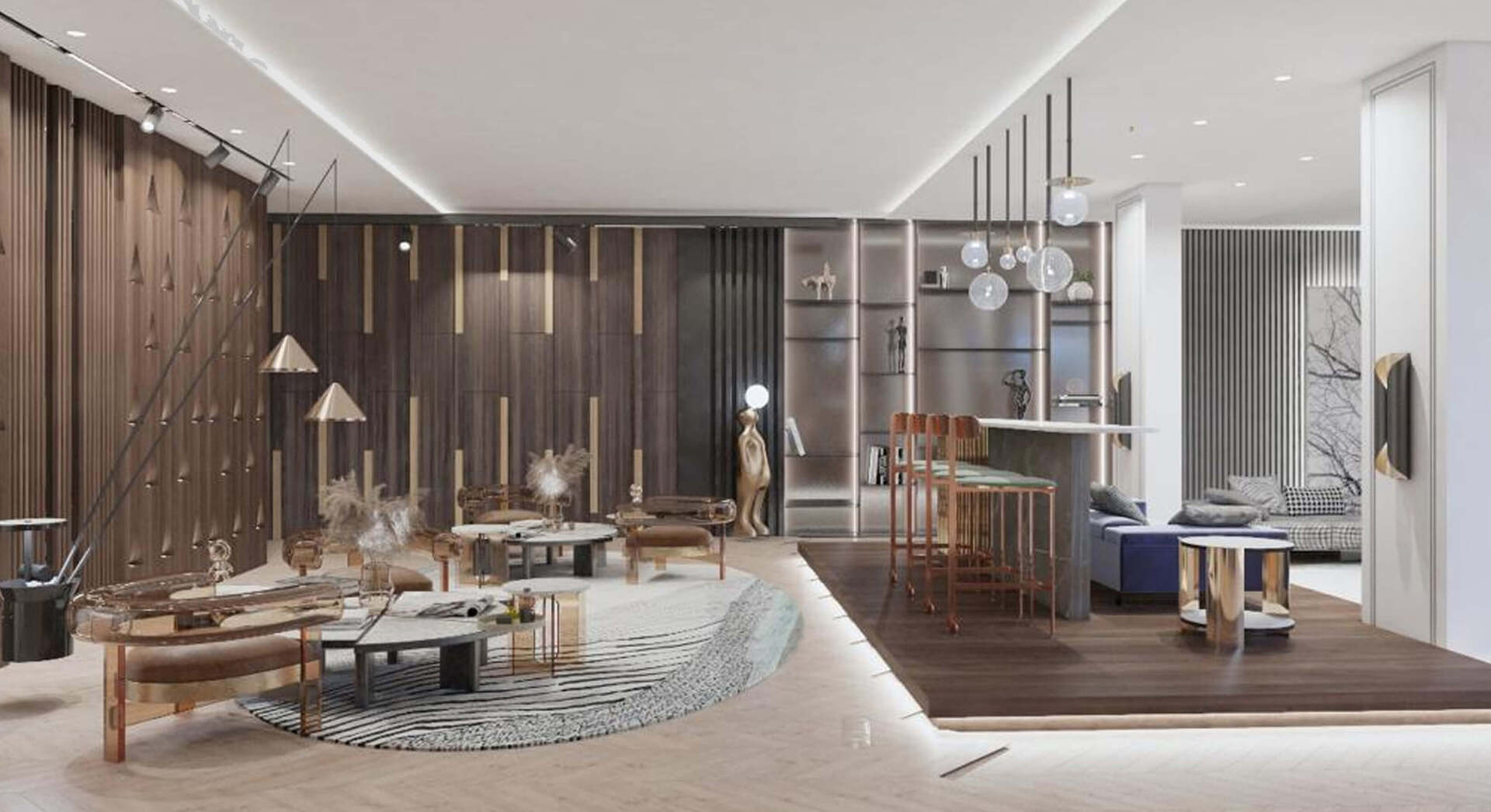 Luxury lounge with bar and seating area; dark wood, gold accents, neutral colors.