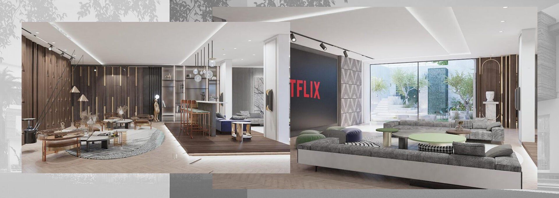 A modern living room with a Netflix logo on a large screen. The room is open, with natural light and stylish decor.