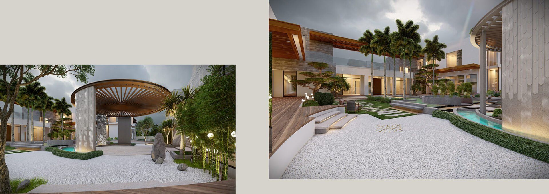 Luxury home exterior with white pebble ground, greenery, and architectural elements.