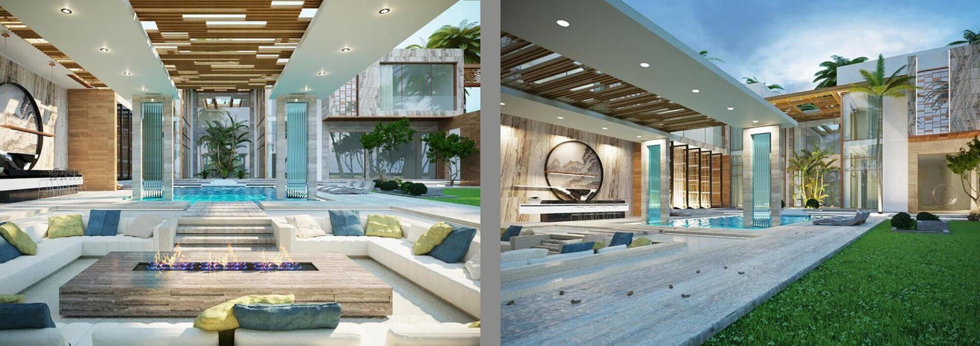 Modern luxury outdoor lounge area with pool, cushions, and unique architecture.