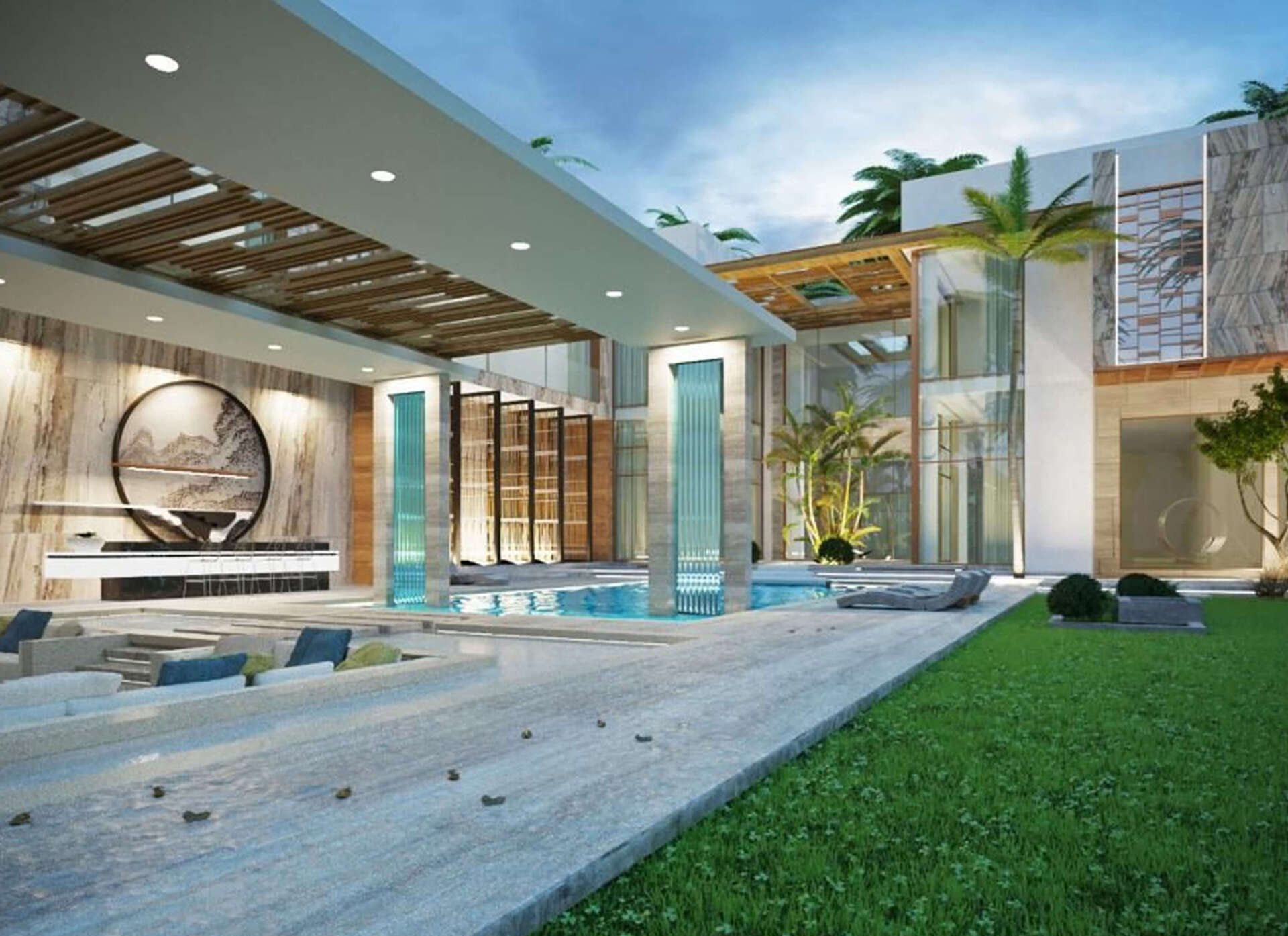 Modern luxury house with a pool, stone walkway, and greenery under an overcast sky.