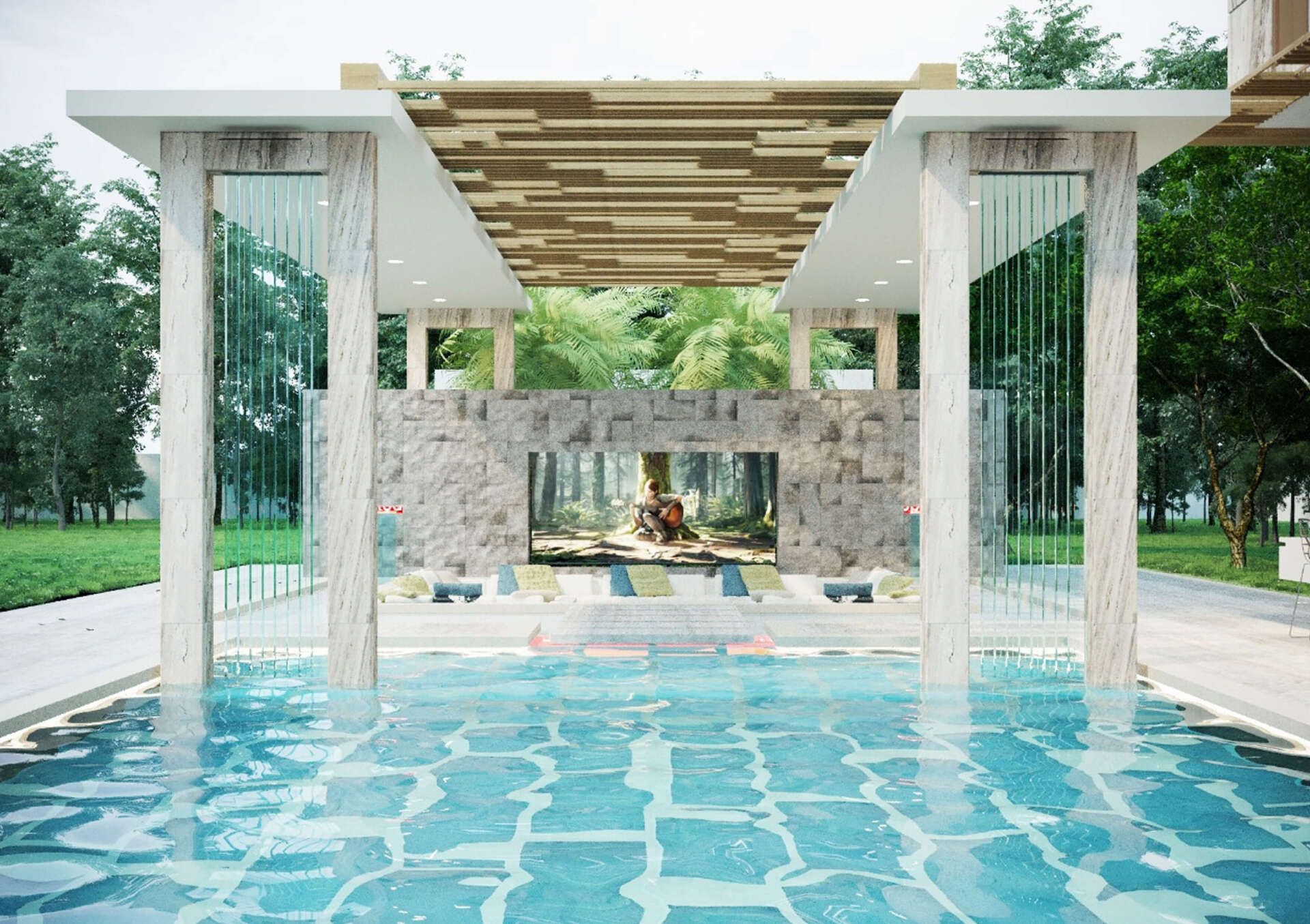 Pool with stone structure, glass walls, wooden beams, and a nature scene in the background.