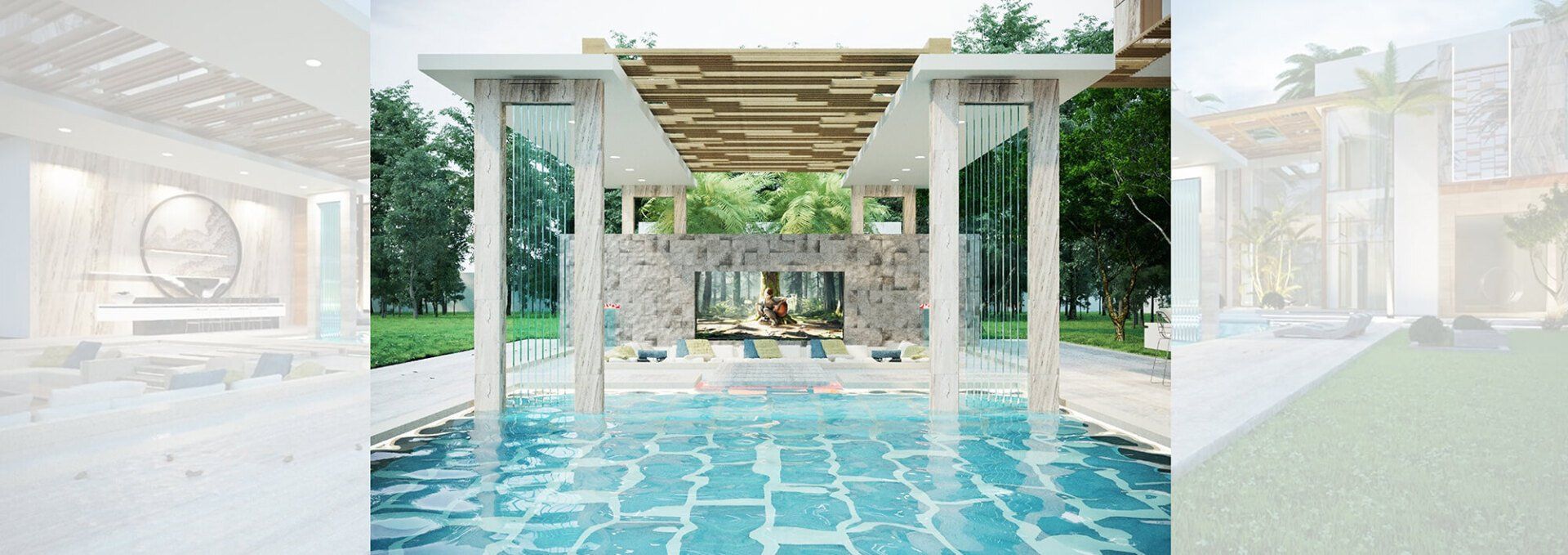 A serene outdoor space with a pool and a Buddha statue, flanked by architectural structures.