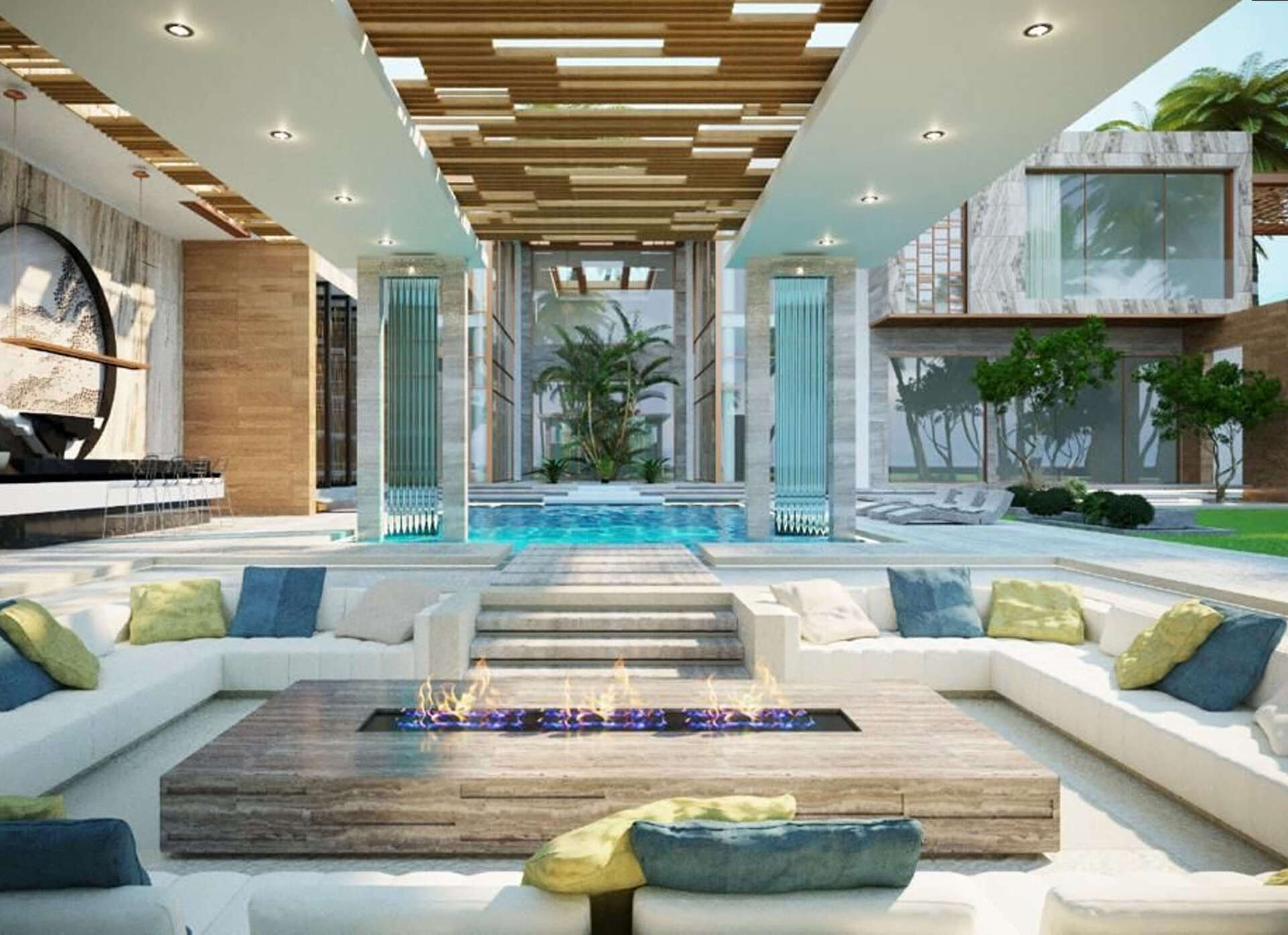 Outdoor lounge area with sunken seating, pool, fireplace, and modern architecture.