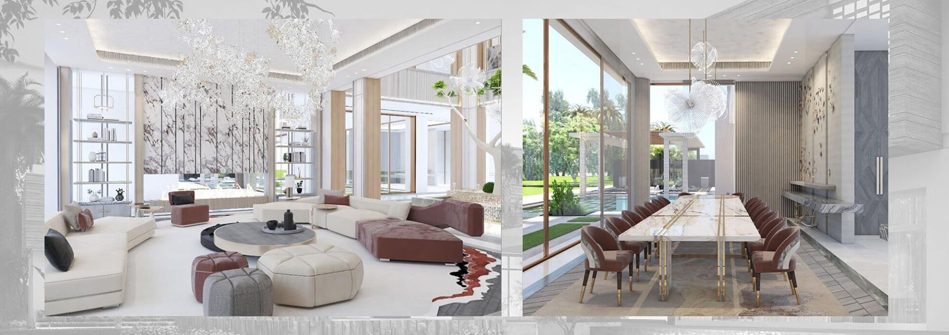 Luxurious modern interior: living room with white decor and dining area with garden views.