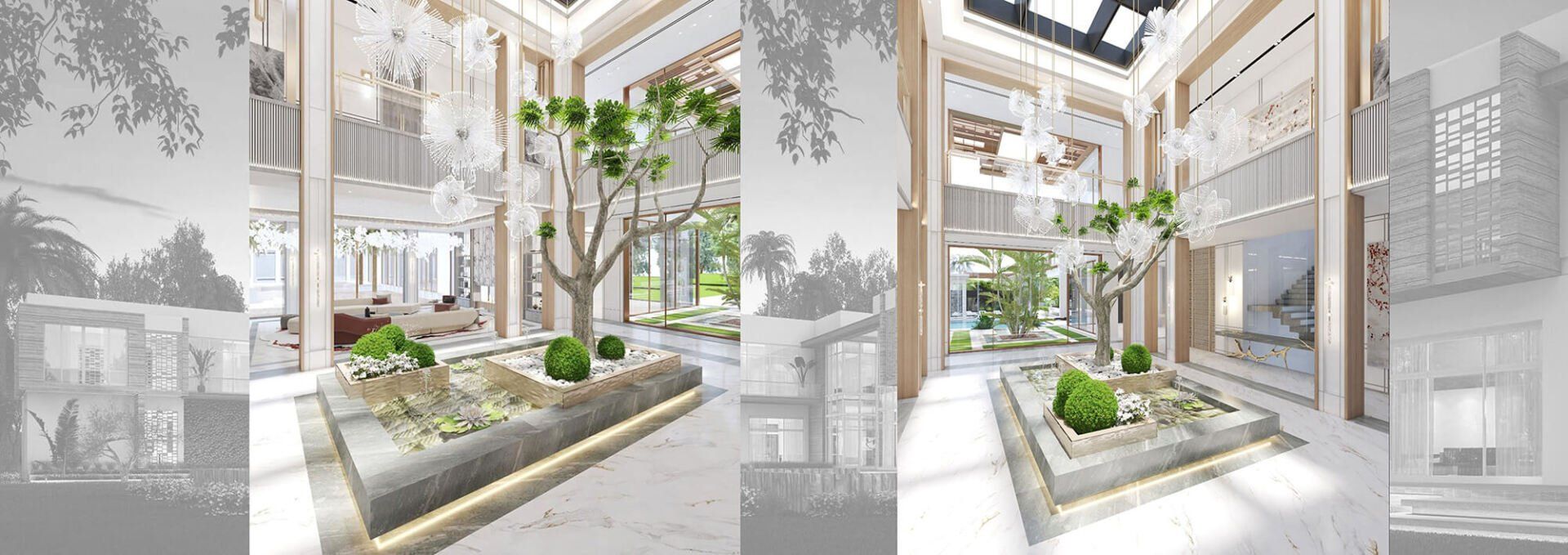 Luxurious lobby with a large tree and a stone planter. Light-filled space with high ceilings and a modern design.