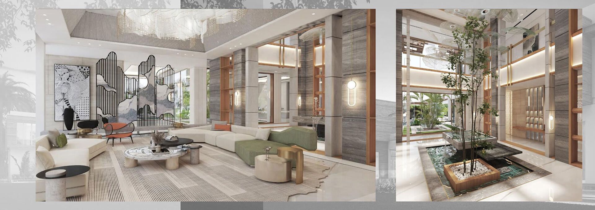 Luxurious modern interior design with a living room and a tranquil entry hall.