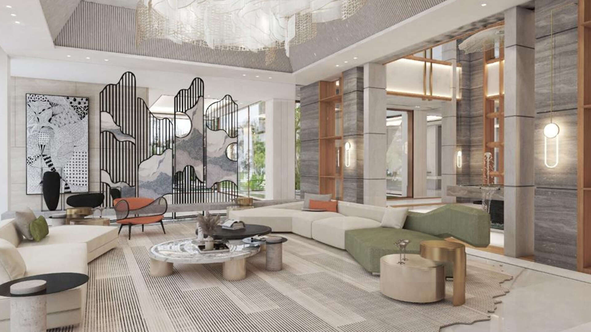 Luxurious lobby with modern decor: cream sofa, patterned rug, art, and gold accents.