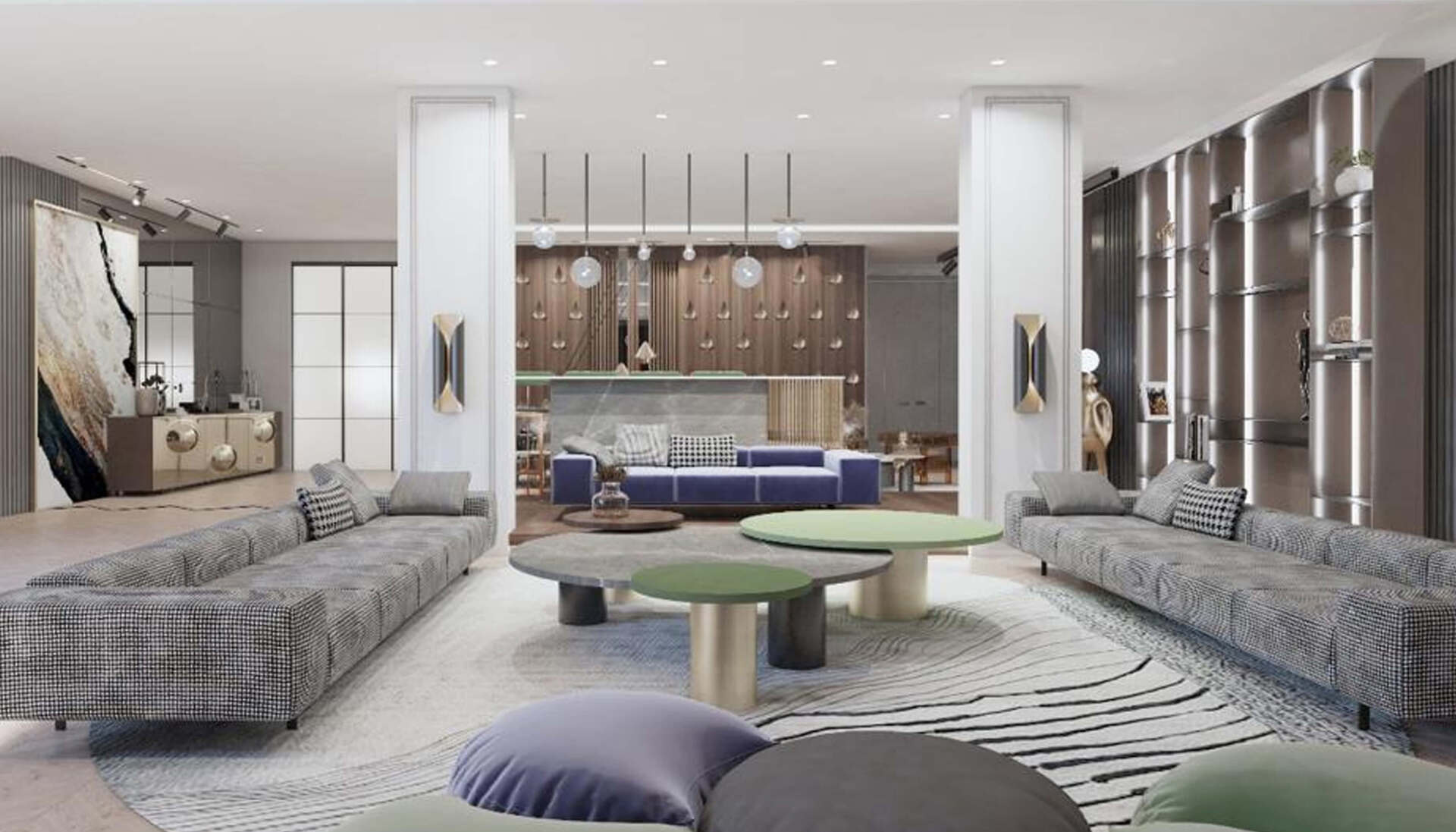 Lounge area with patterned couches, round coffee tables, and a central bar. Bright, modern design.