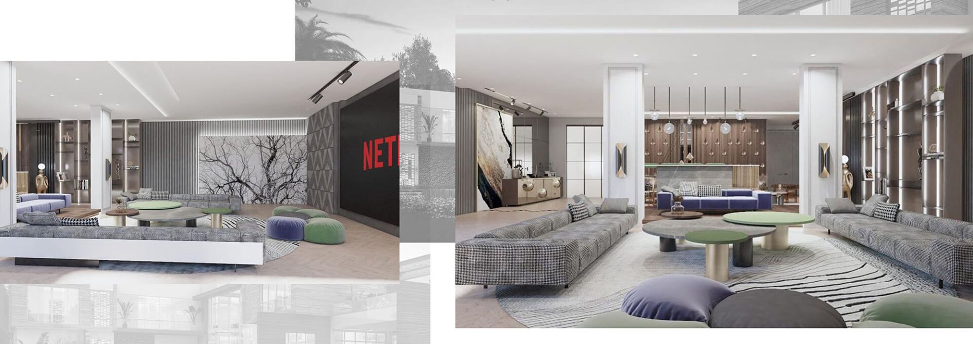 Interior with seating areas, a Netflix logo, and a variety of colors.