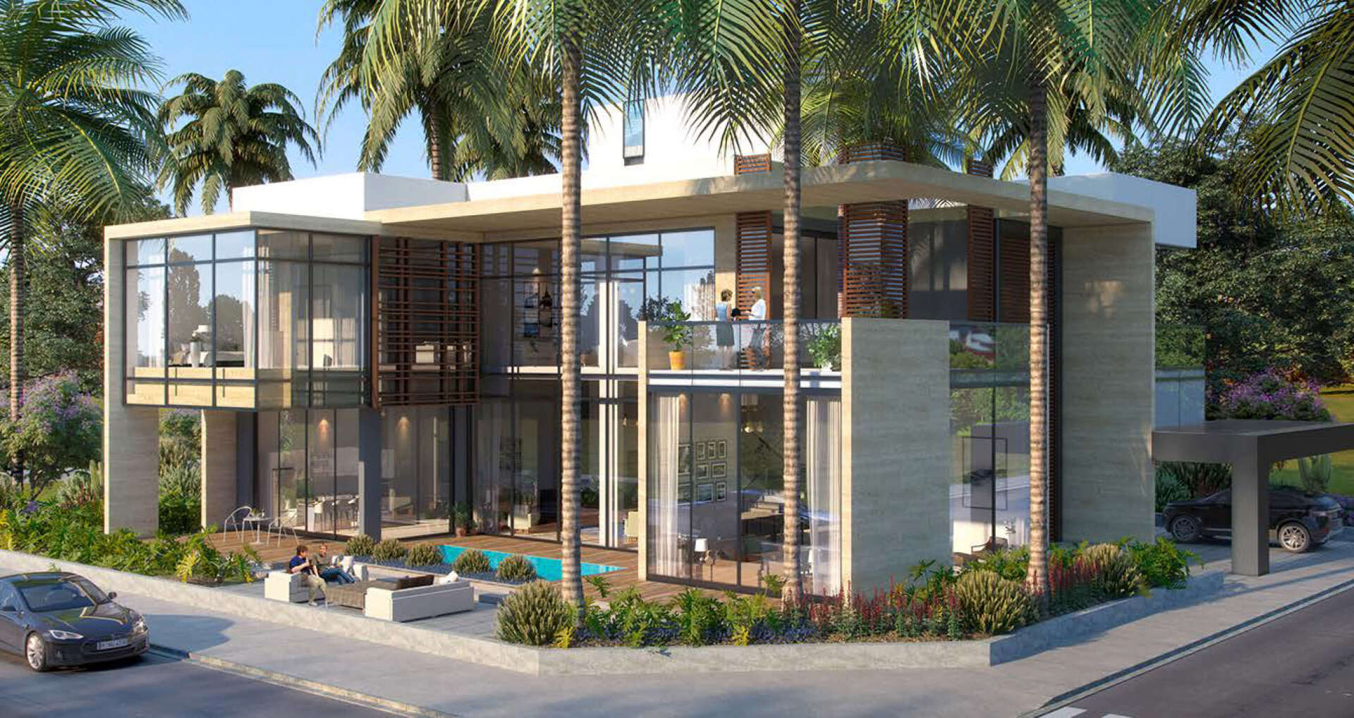 Modern multi-story house with glass walls and a pool. Trees surround the building.